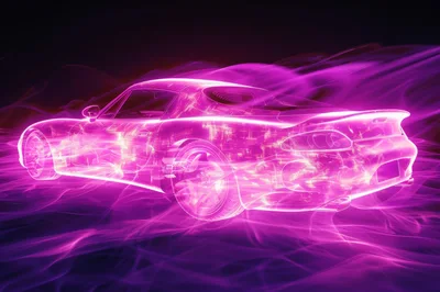 Digital Wireframe Sports Car In Neon Purple Light