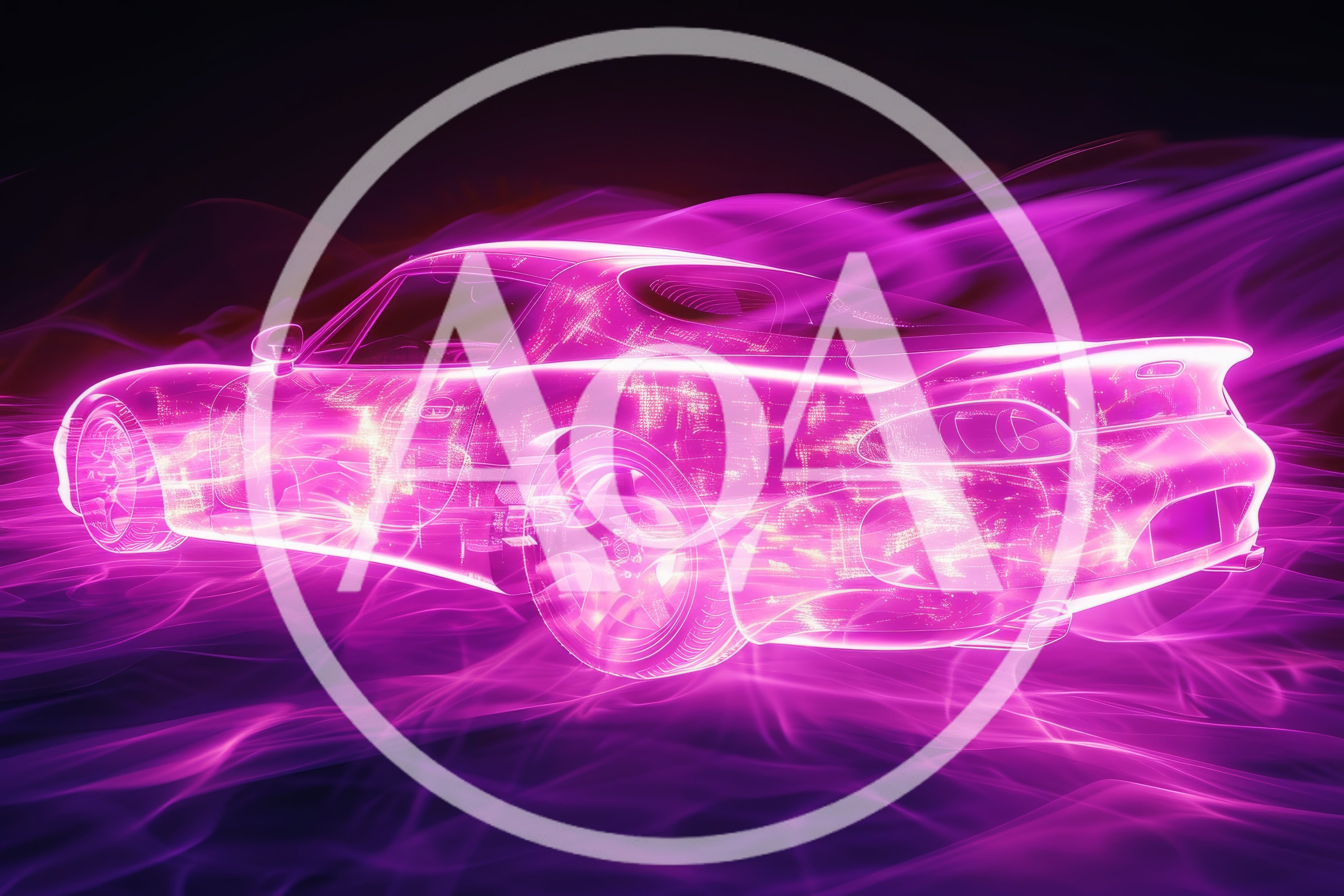 Digital Wireframe Sports Car In Neon Purple Light