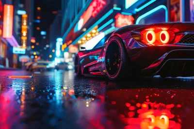 Cyberpunk Sports Car Parked on Wet City Street
