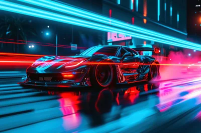 Futuristic Sports Car Speeding Through Neon City Streets
