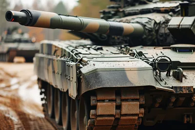 Camouflaged Main Battle Tank Moving Through Muddy Terrain