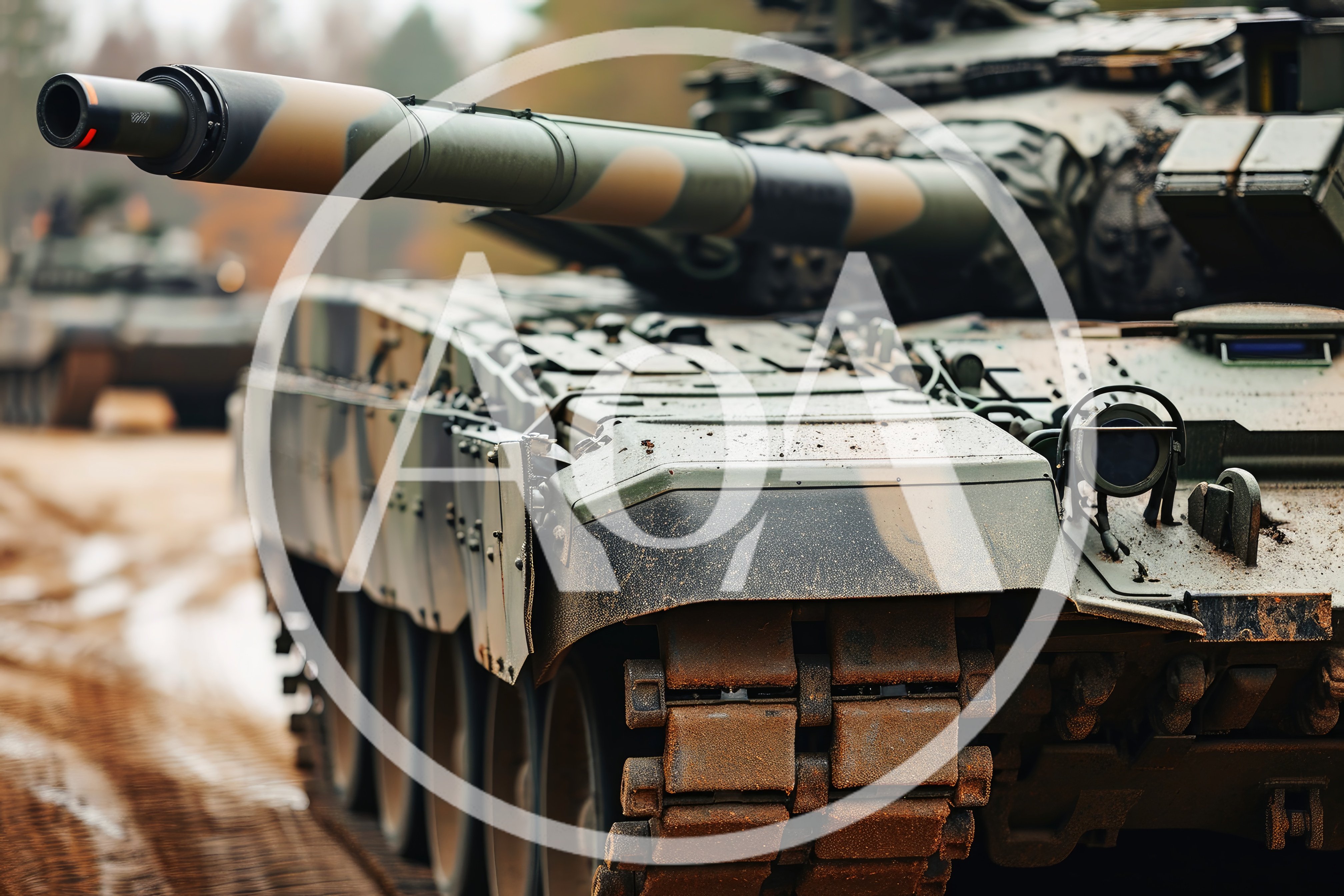 Camouflaged Main Battle Tank Moving Through Muddy Terrain