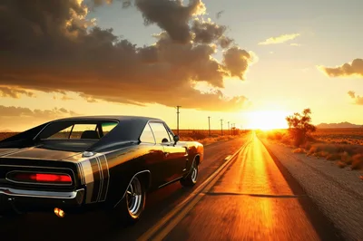 Classic Black Muscle Car Driving Down Desert Highway