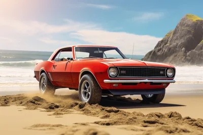Classic Red Muscle Car Driving On Sandy Beach