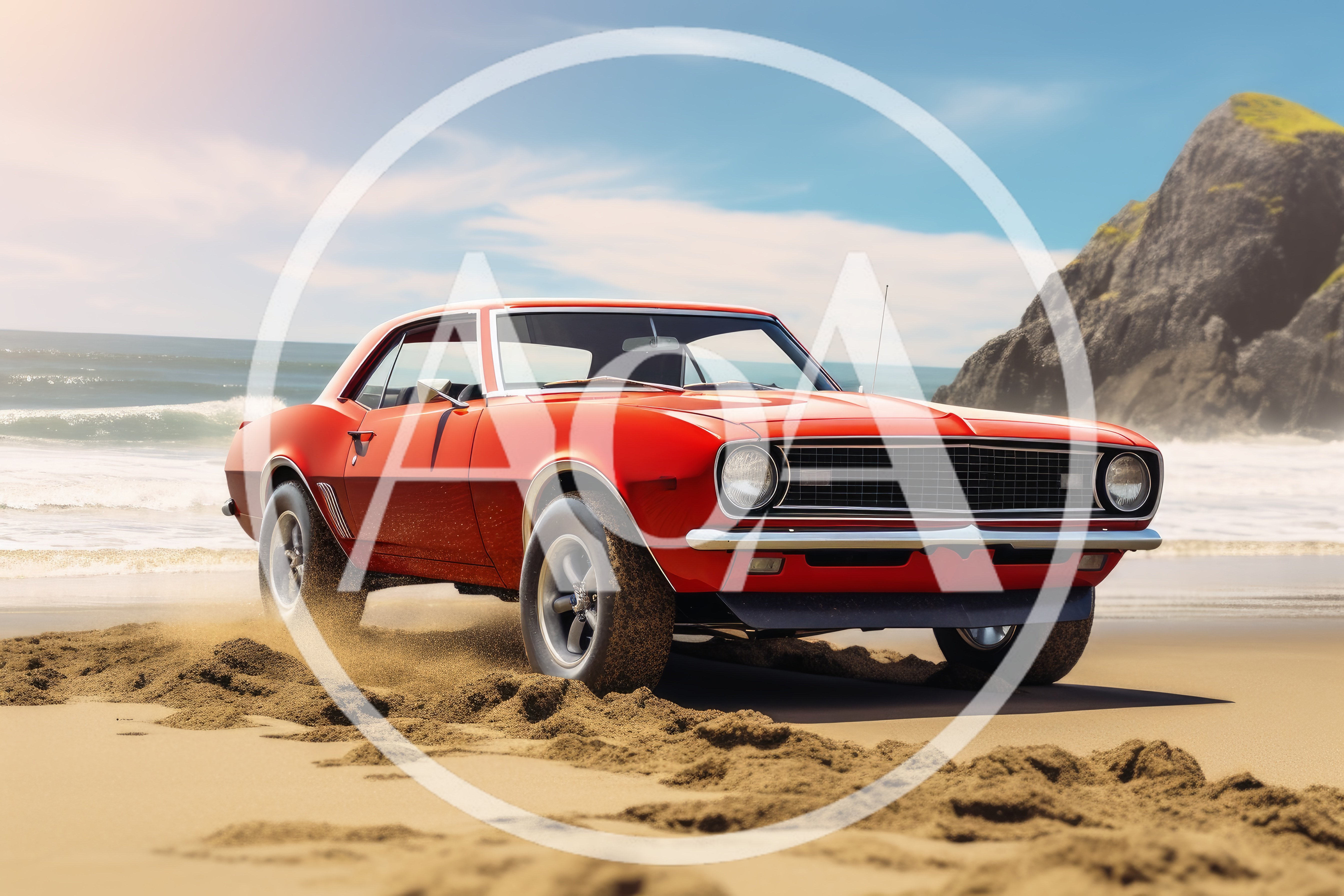 Classic Red Muscle Car Driving On Sandy Beach