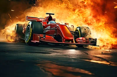 Red Formula One Race Car In Explosive Fire