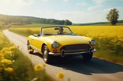 Yellow Vintage Convertible Driving Through Canola Fields