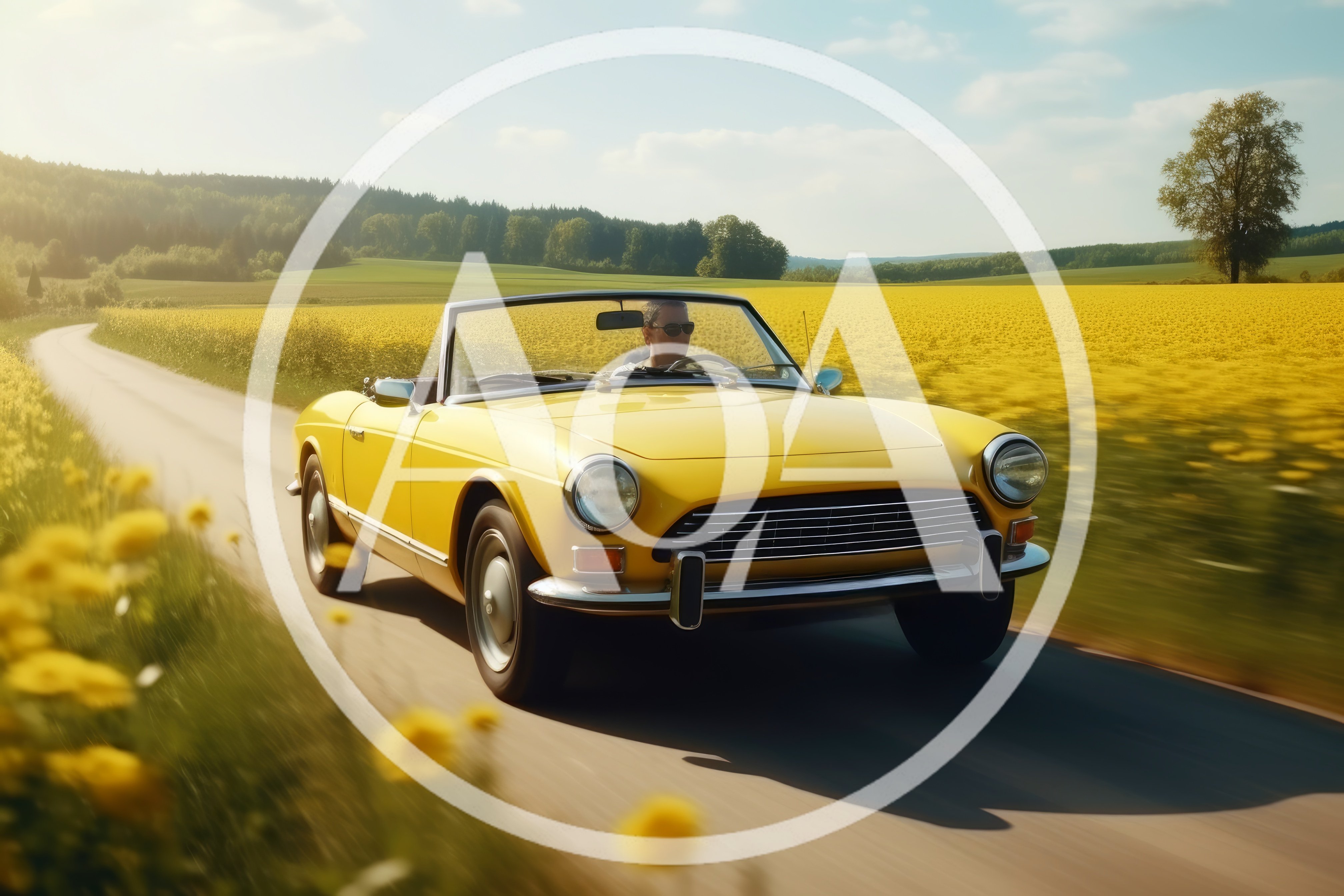 Yellow Vintage Convertible Driving Through Canola Fields