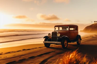 Vintage Ford Model A Parked On A Sandy Beach
