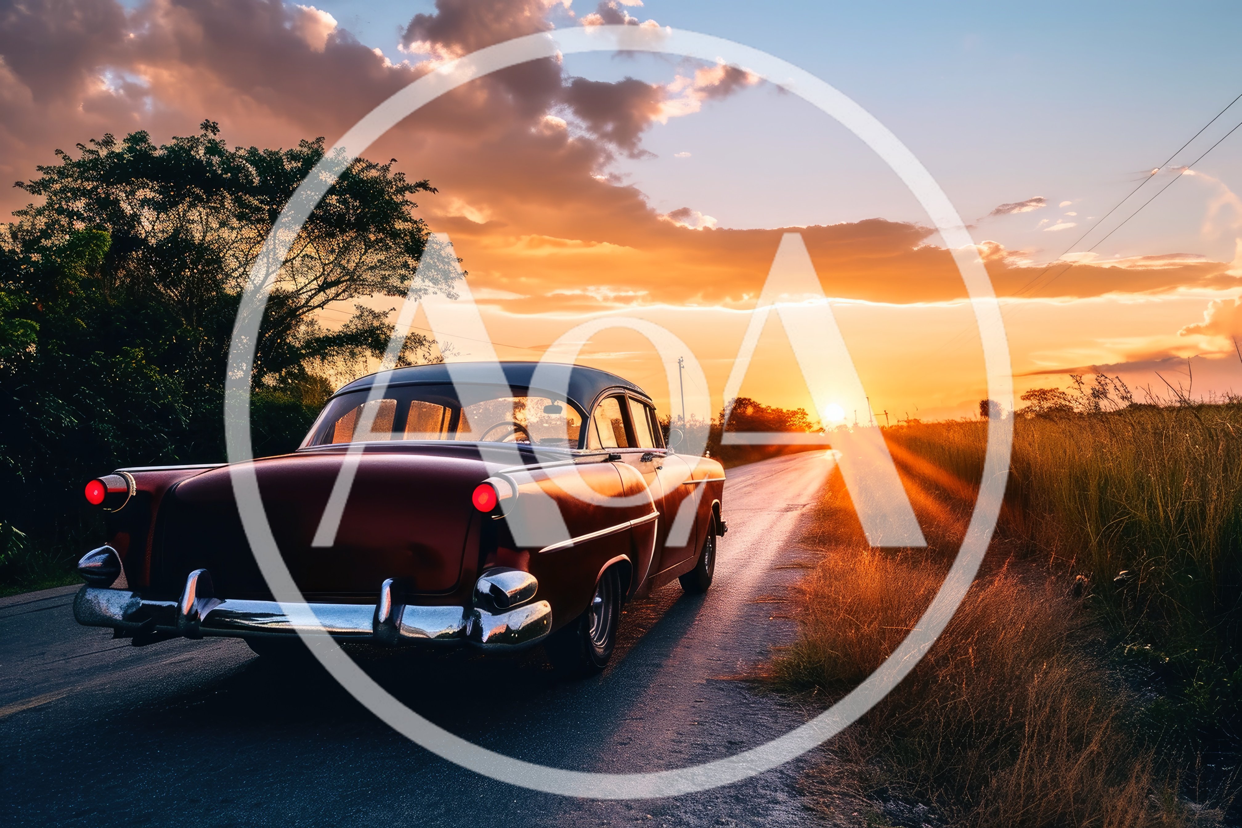 Vintage Classic Car Parked On Rural Road At Sunset