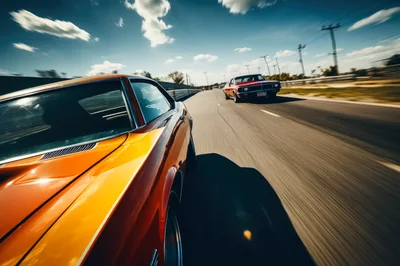 Classic Muscle Cars Racing on a Sunny Highway