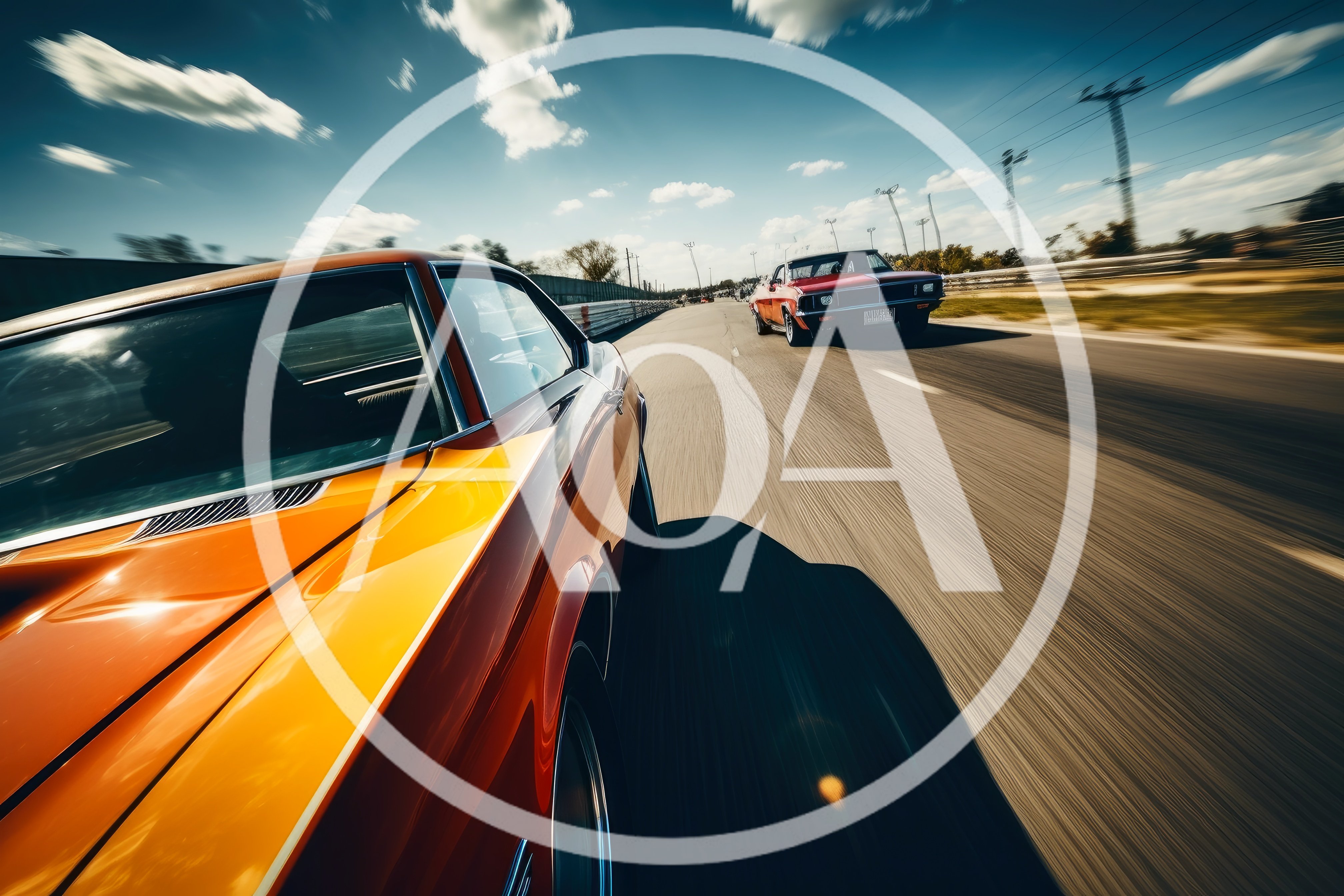 Classic Muscle Cars Racing on a Sunny Highway