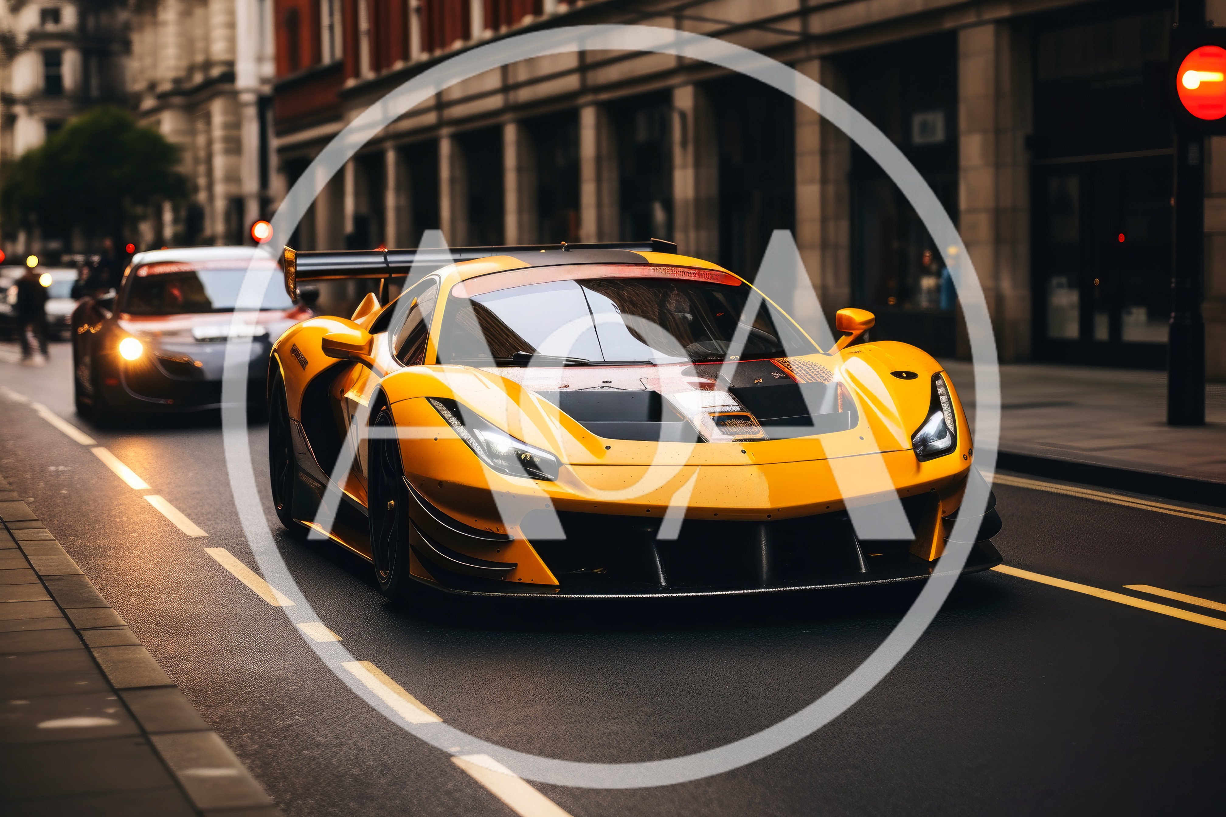 Yellow Supercar Driving Down A City Street