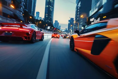 Supercars Racing Through A Modern City At Twilight