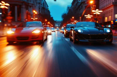 High Speed Sports Cars Racing Through City Streets