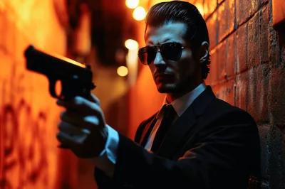 Man in Suit Holding Handgun in Neon Alleyway