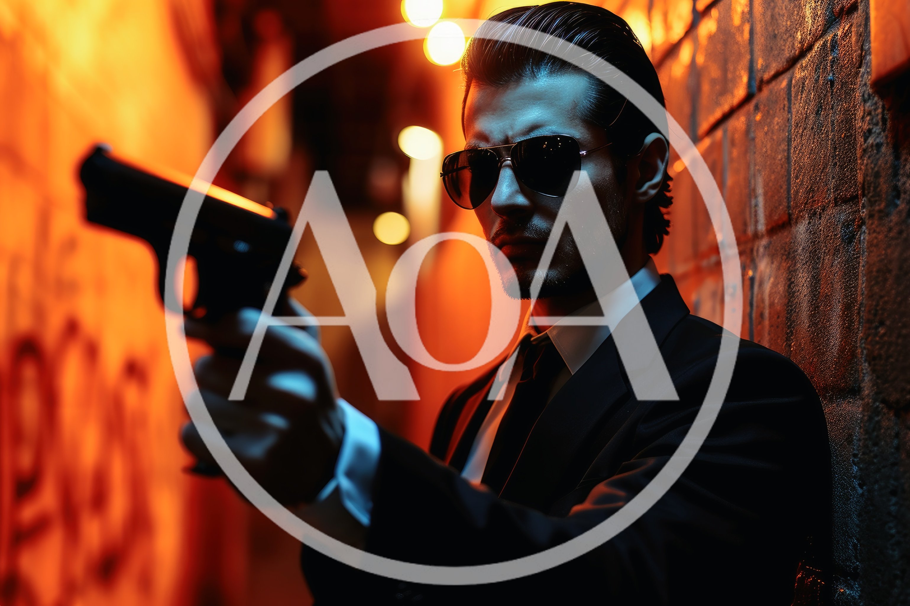 Man in Suit Holding Handgun in Neon Alleyway