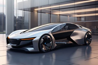 Futuristic Silver Concept Car In Modern Architectural Setting