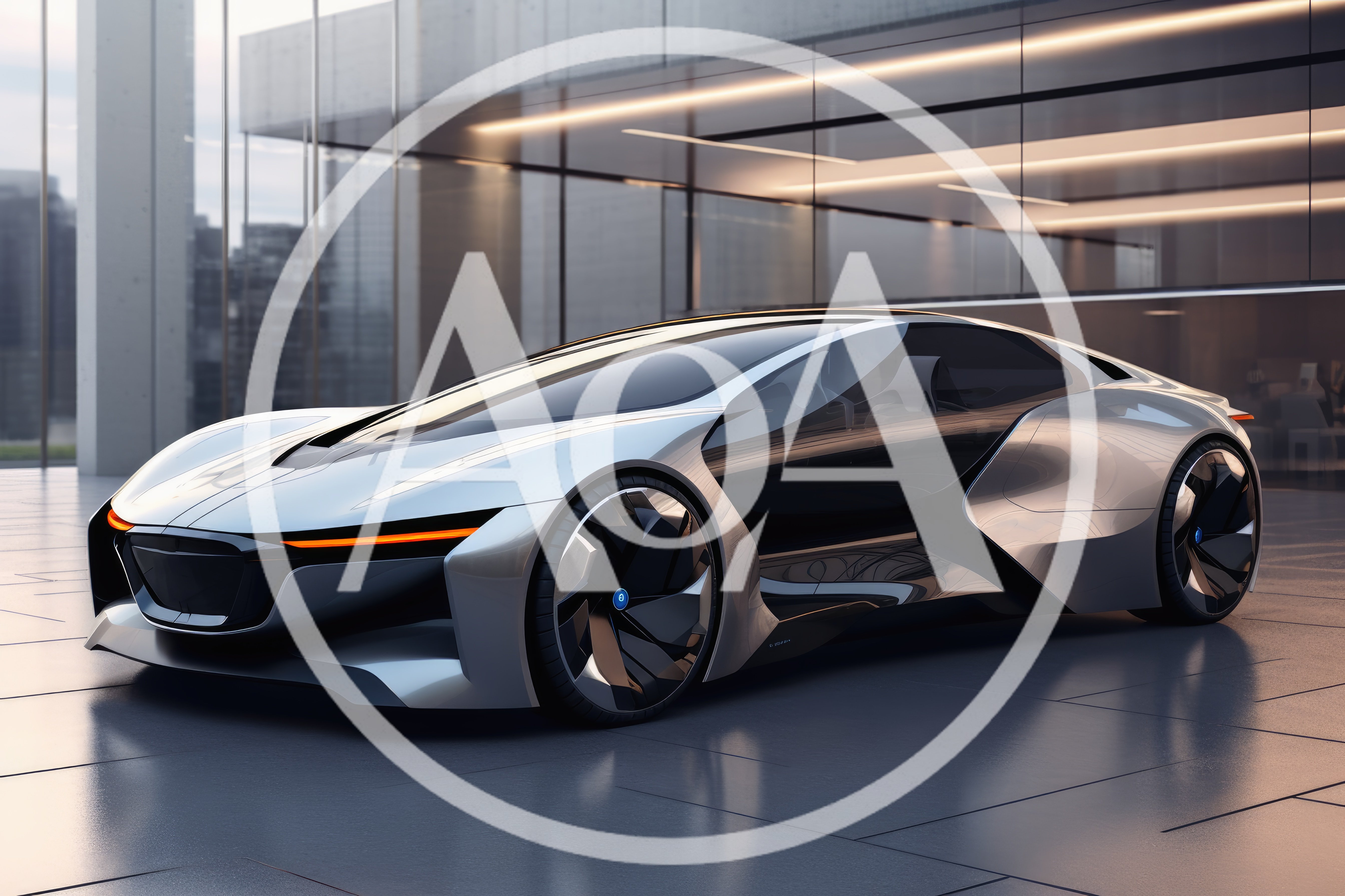 Futuristic Silver Concept Car In Modern Architectural Setting