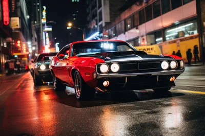 Classic Red Muscle Car Driving Through City Streets