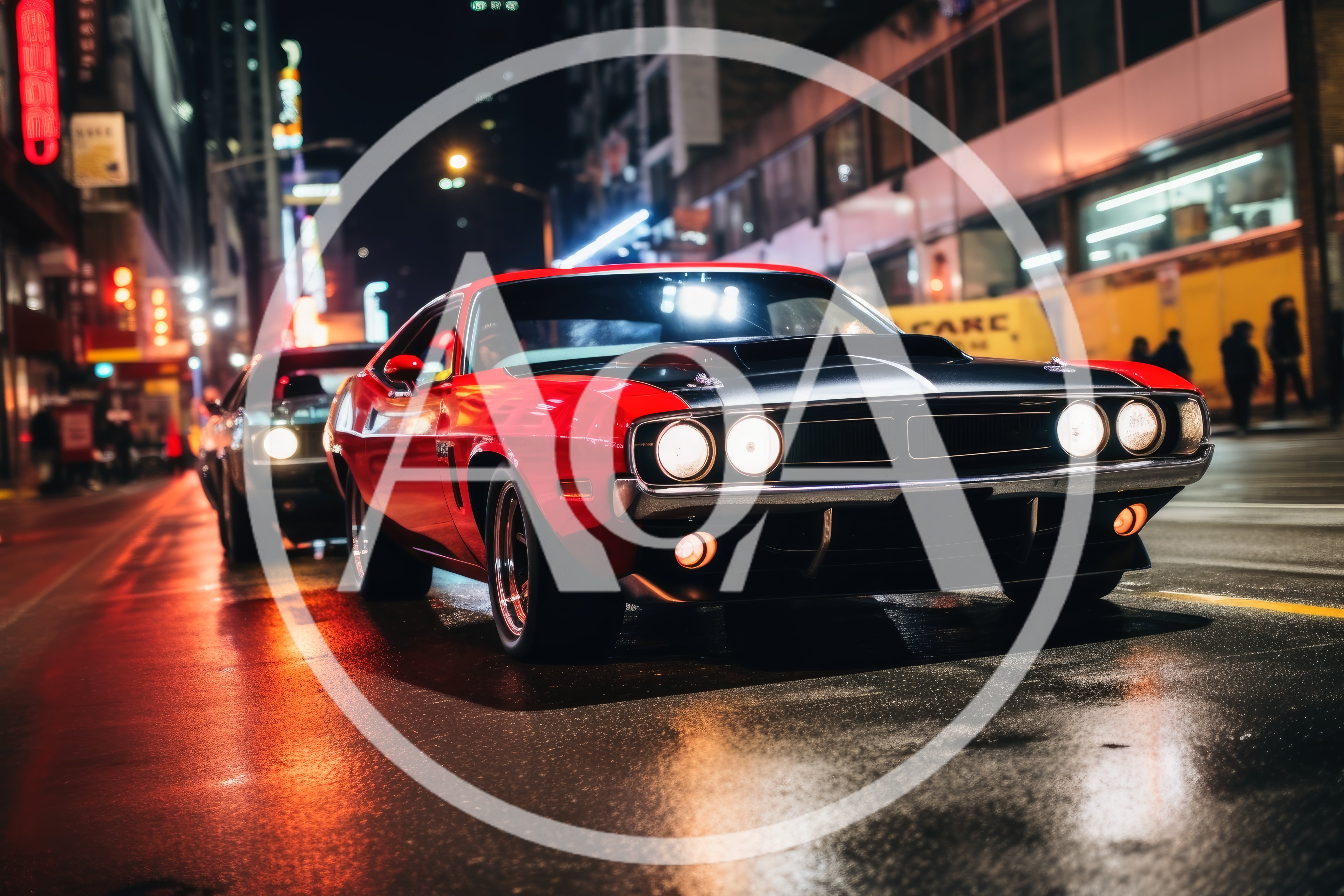 Classic Red Muscle Car Driving Through City Streets