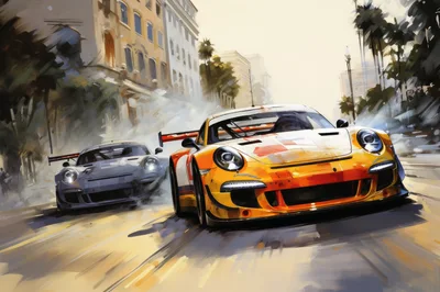 Two Porsche Race Cars Drifting Through City Streets