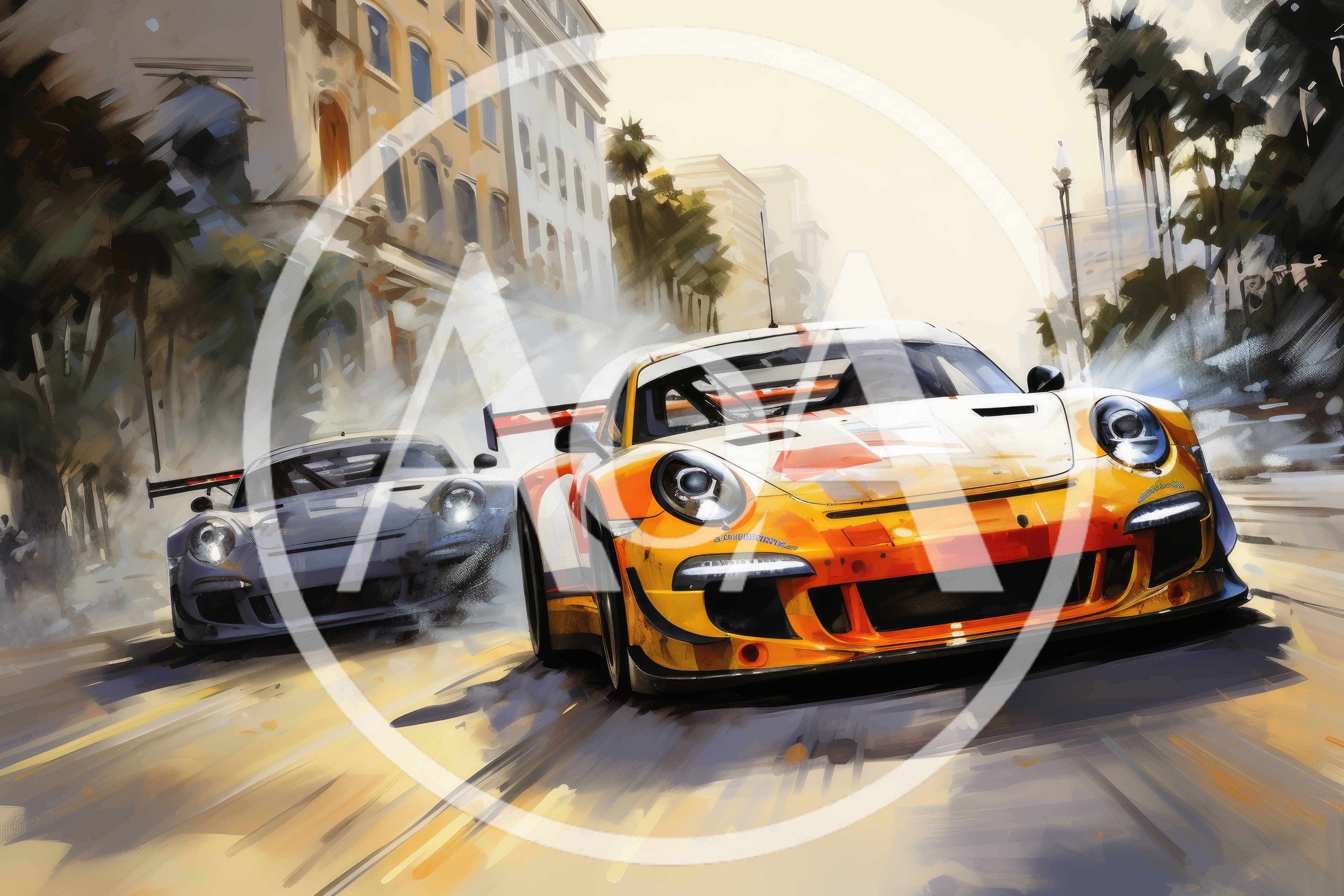 Two Porsche Race Cars Drifting Through City Streets