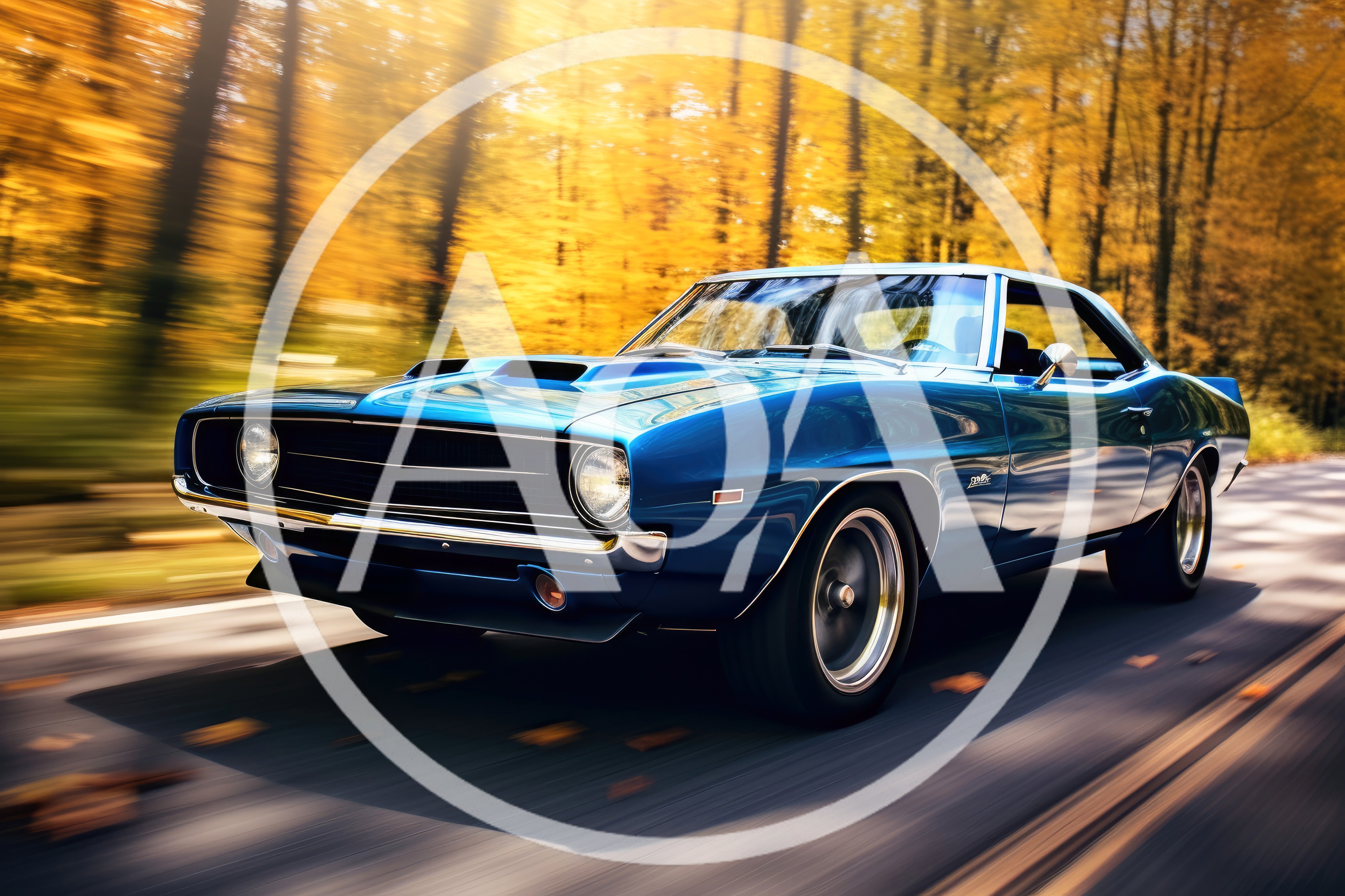 Blue Classic Muscle Car Driving Through Autumn Forest