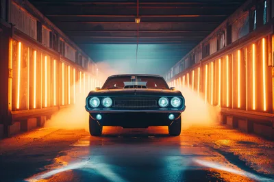 Classic Muscle Car Parked in Industrial Tunnel