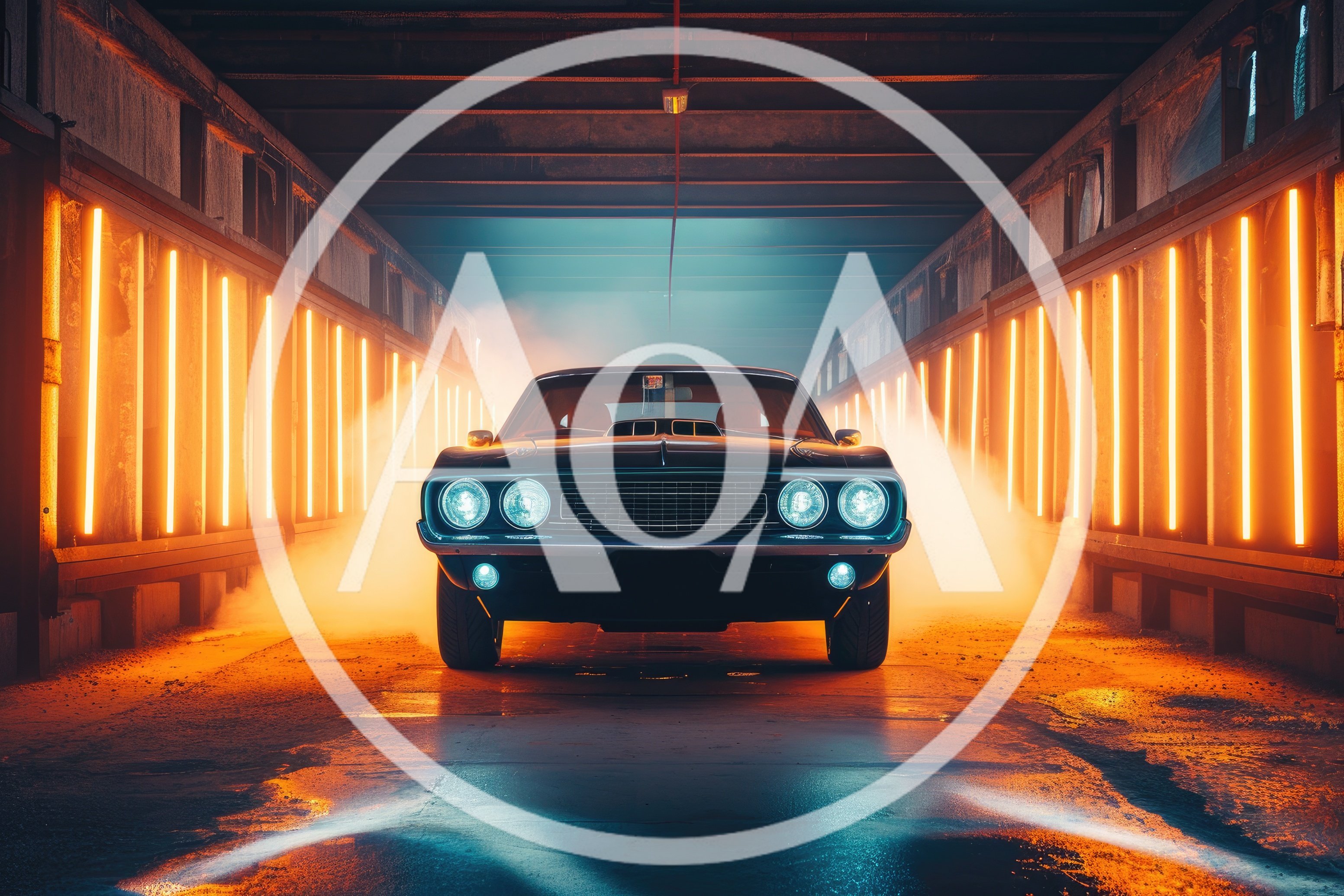 Classic Muscle Car Parked in Industrial Tunnel