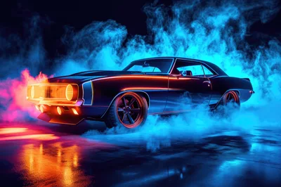 Classic Muscle Car Surrounded By Neon Blue Smoke