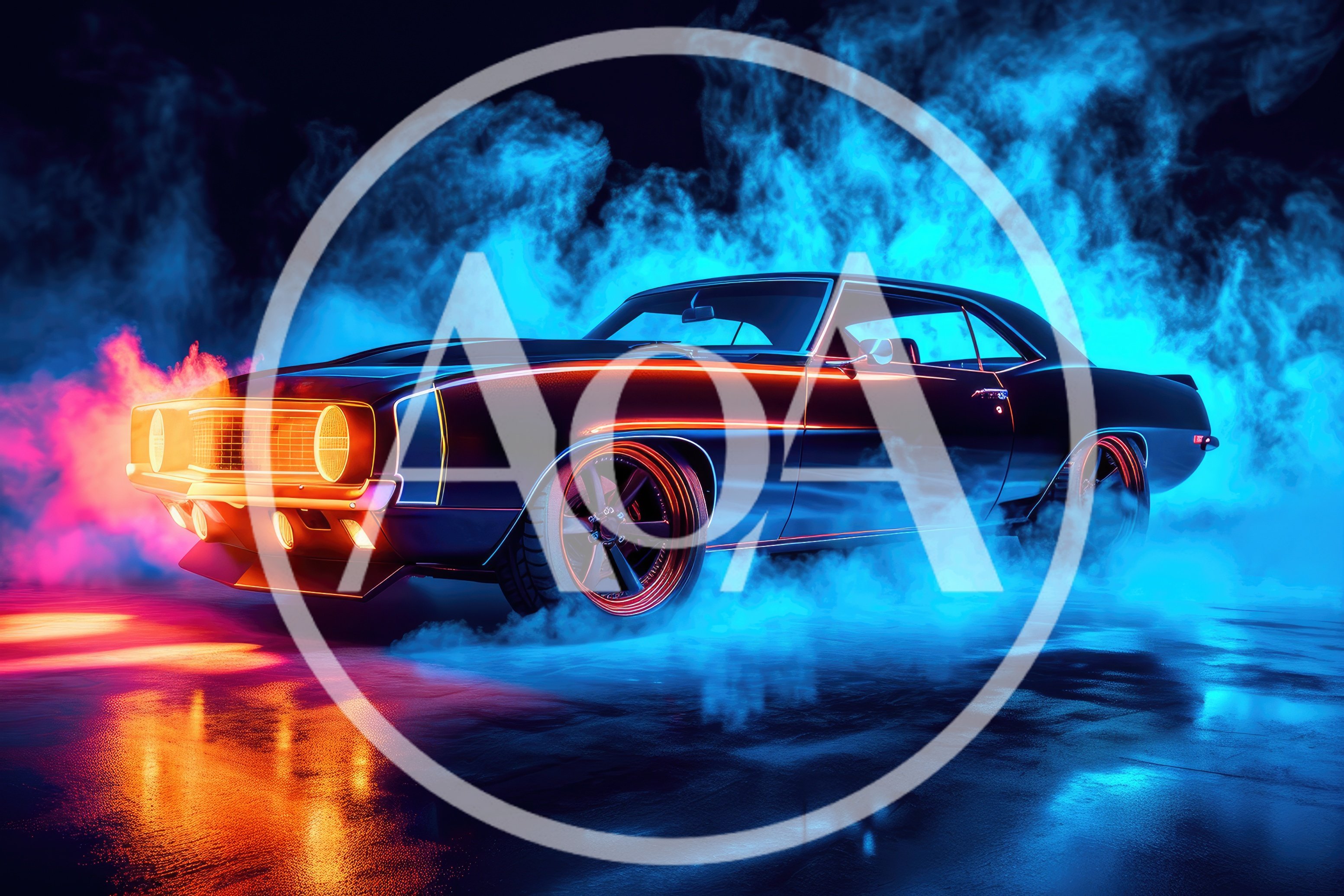 Classic Muscle Car Surrounded By Neon Blue Smoke