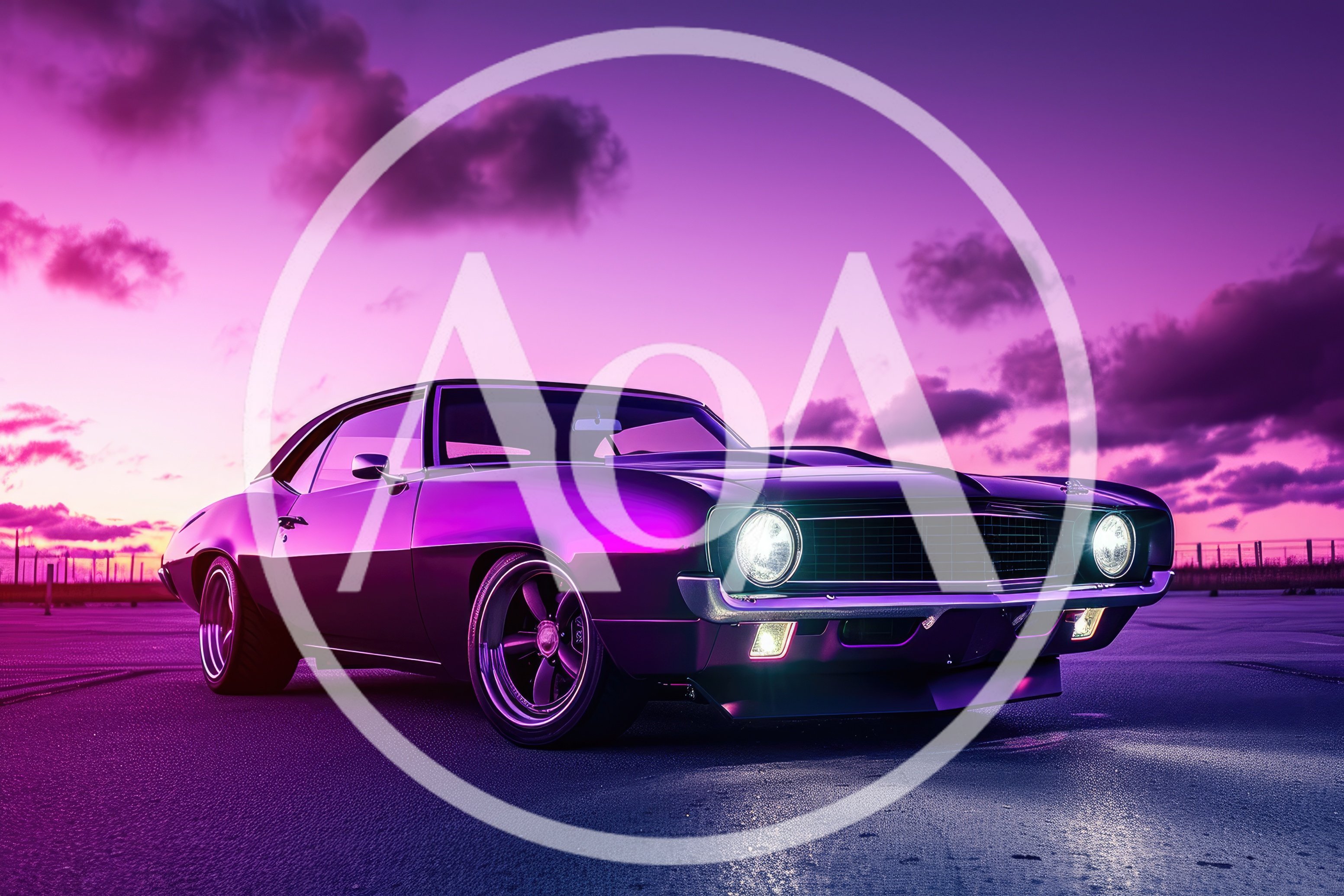 Classic Muscle Car Under Vibrant Purple Sunset Sky