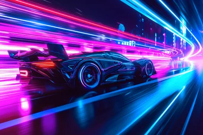 Futuristic Sports Car Speeding Through Neon Cityscape