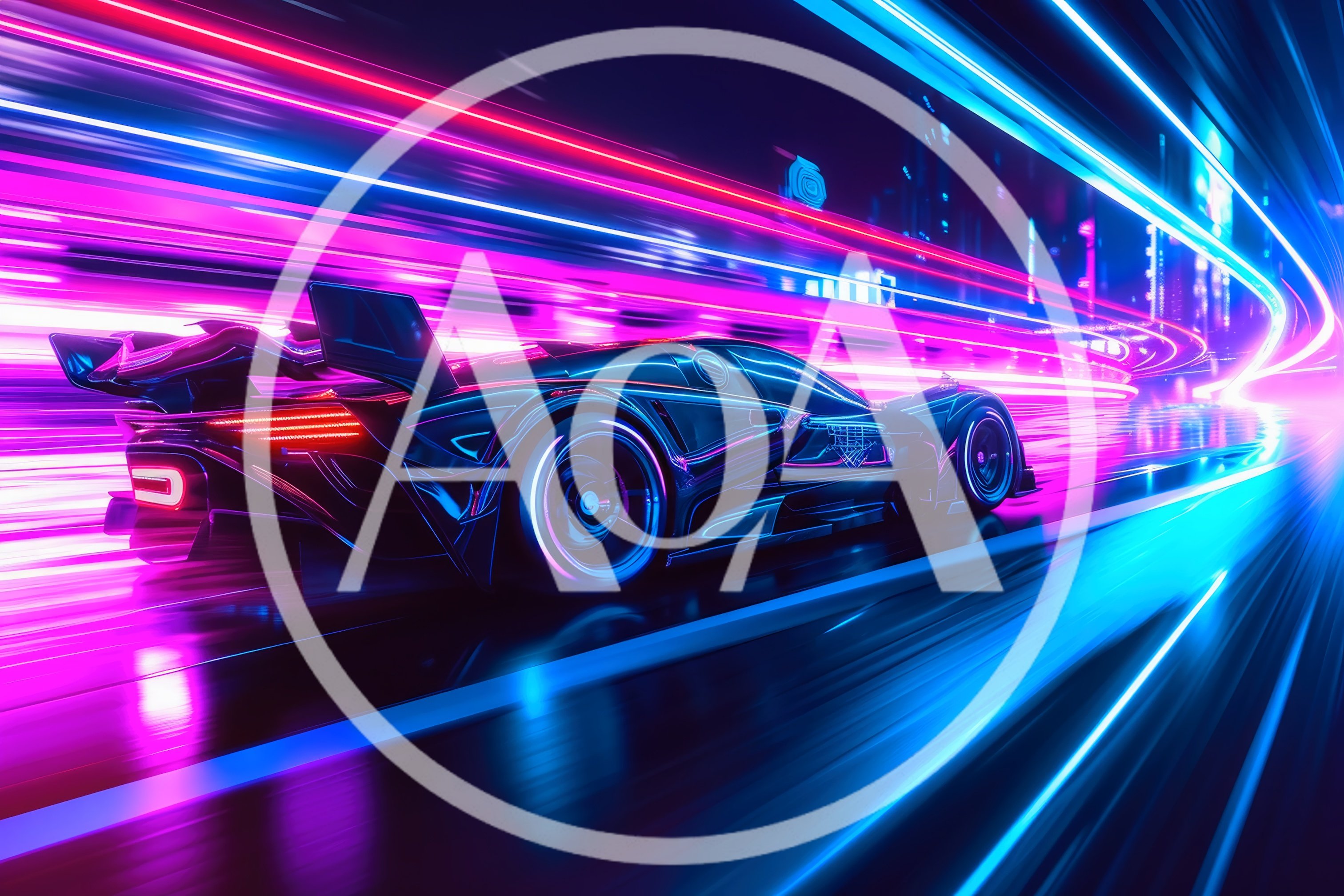 Futuristic Sports Car Speeding Through Neon Cityscape