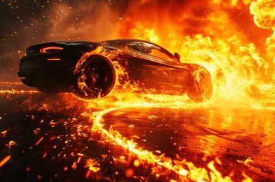 Black Sports Car Drifting Through Intense Fire