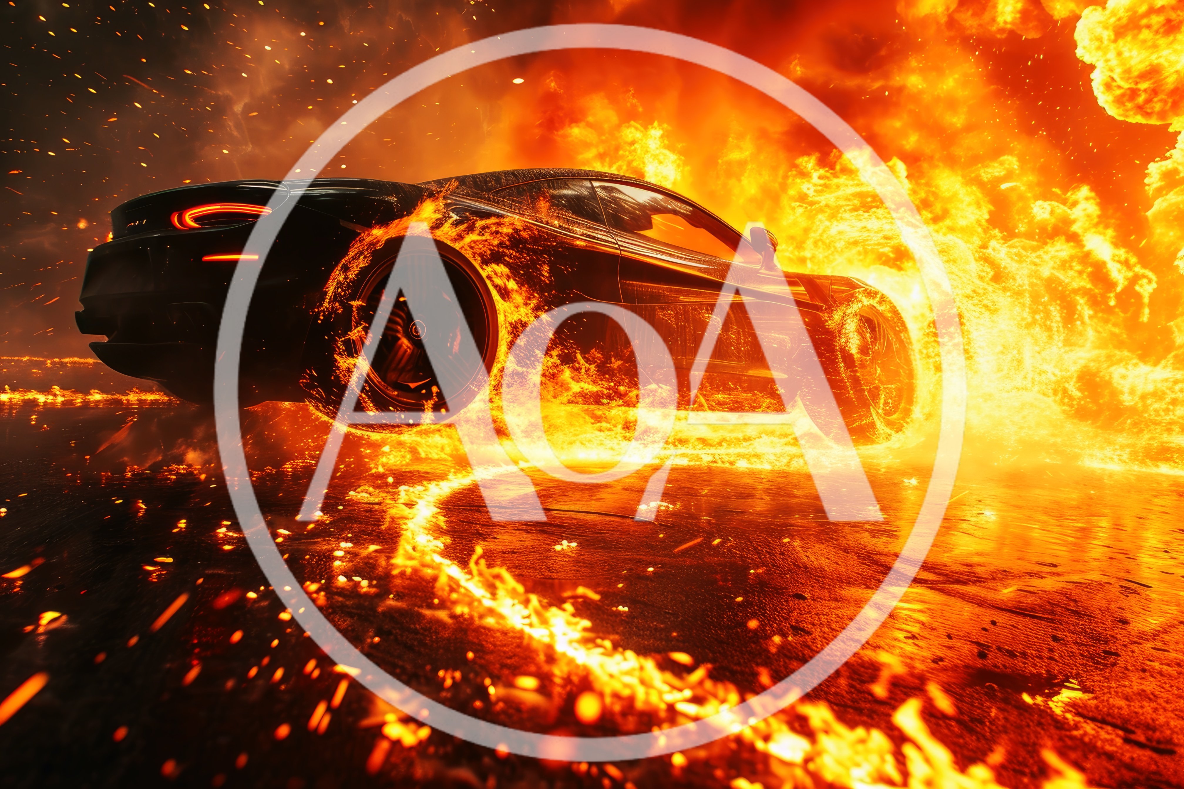 Black Sports Car Drifting Through Intense Fire