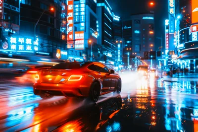 Orange Sports Car Driving Through Neon City Streets