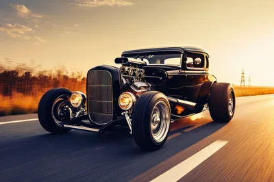 Black Hot Rod Driving Fast On Highway