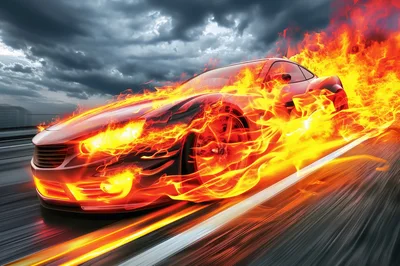 Red Sports Car Speeding Through Flames