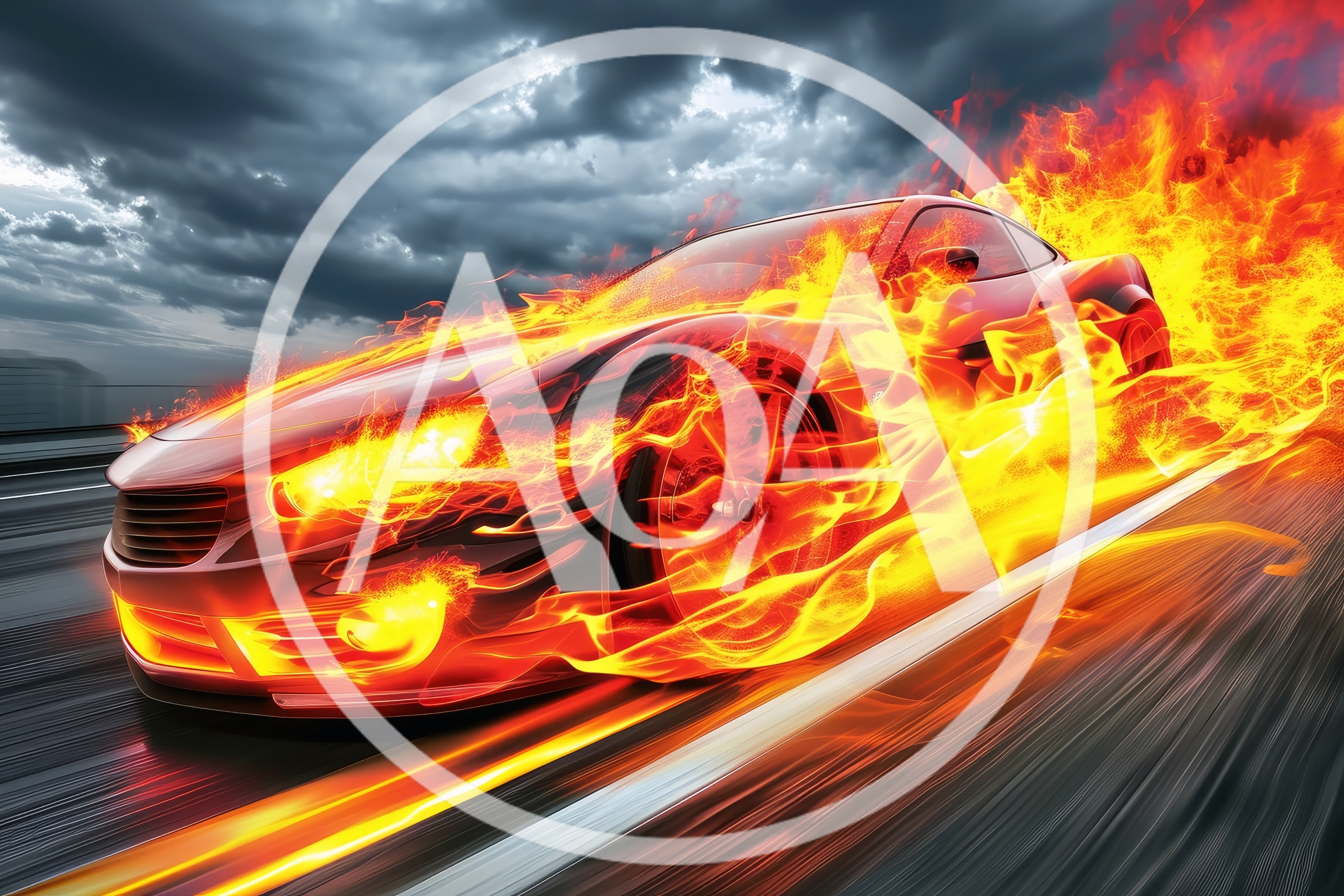 Red Sports Car Speeding Through Flames