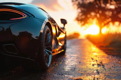 Luxury Sports Car Parked On Wet Road At Sunset
