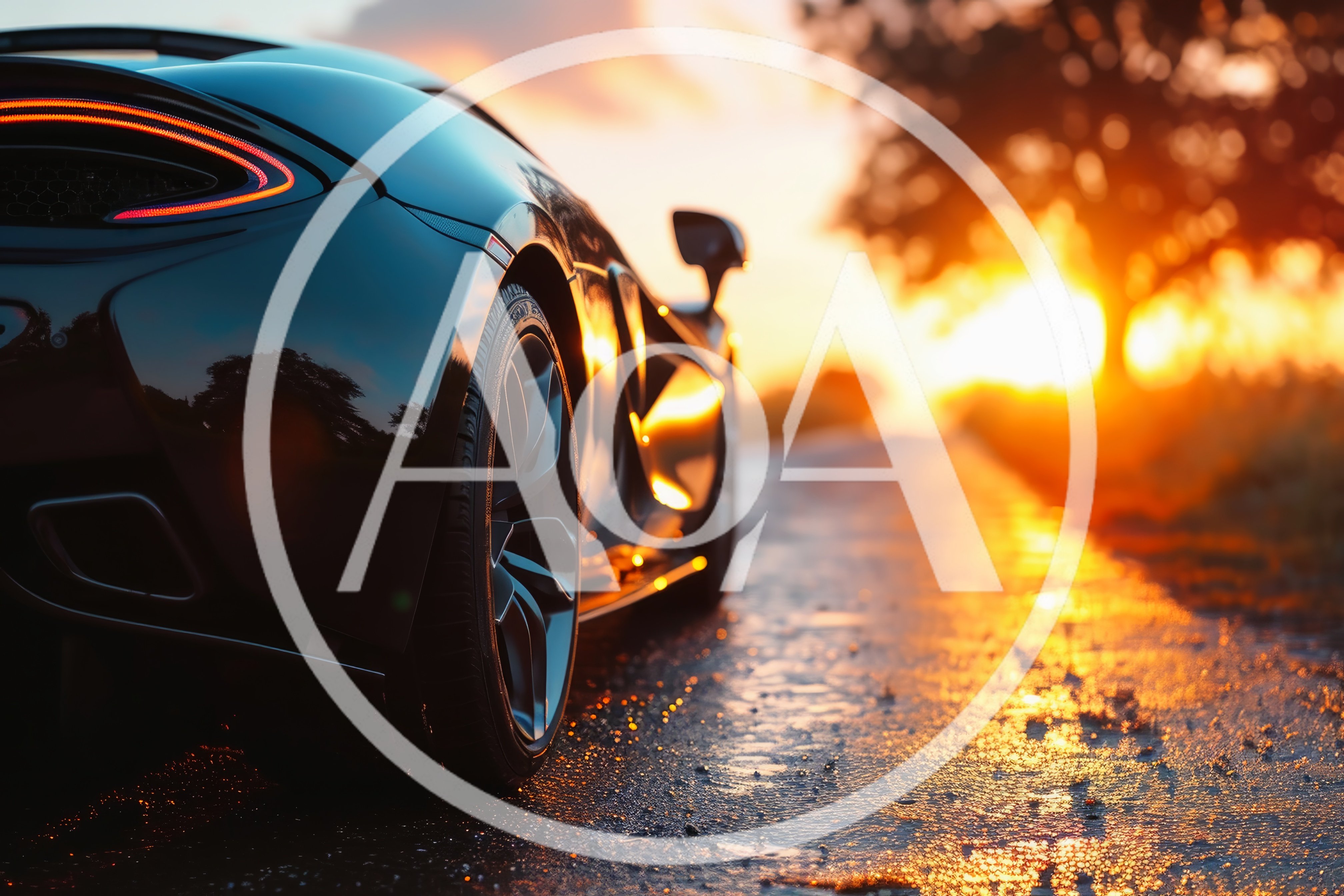 Luxury Sports Car Parked On Wet Road At Sunset