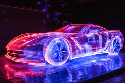 Neon Wireframe Sports Car Digital Art Installation