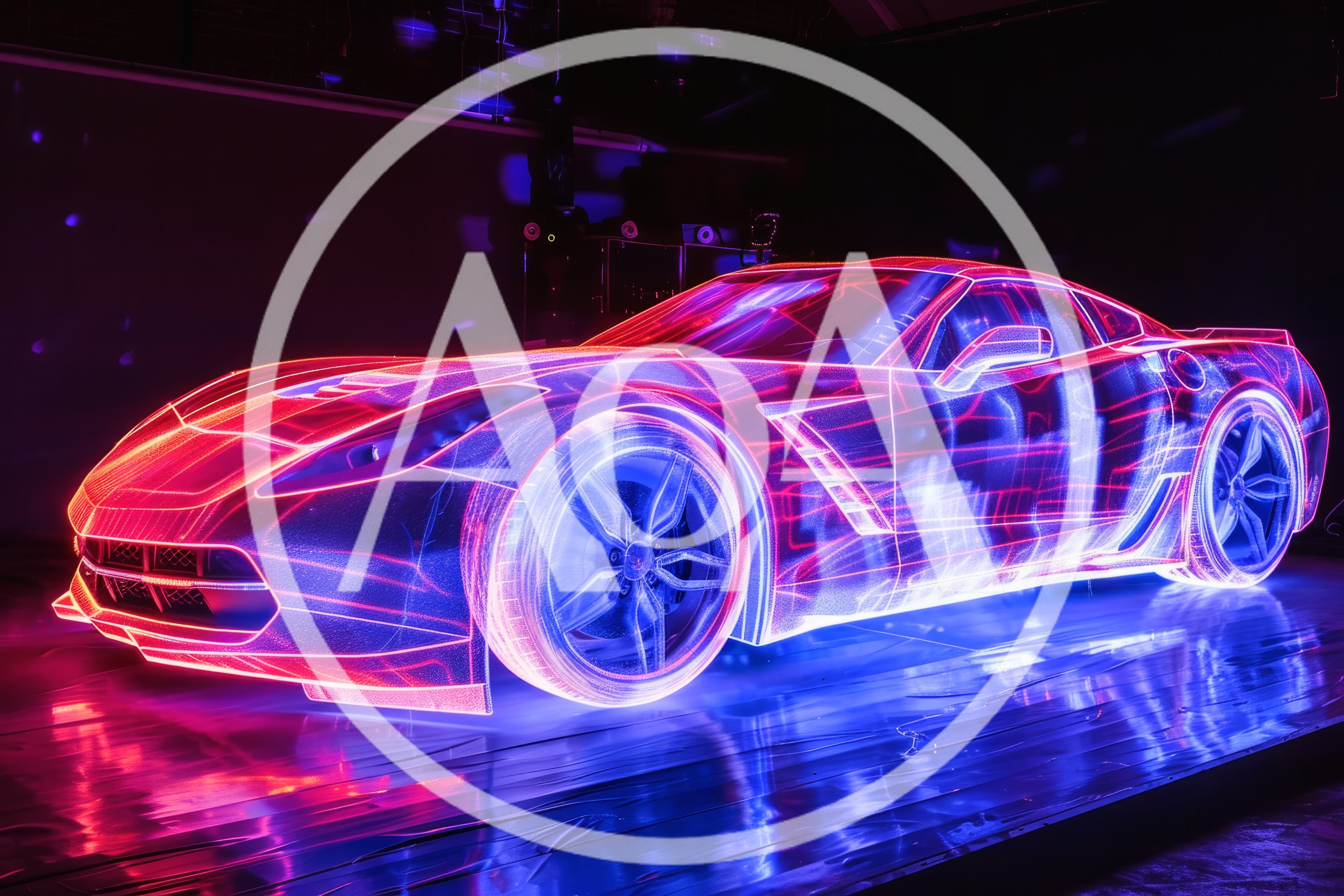 Neon Wireframe Sports Car Digital Art Installation