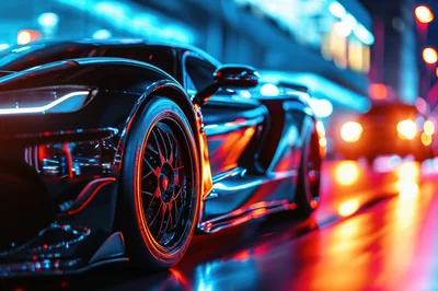 Sleek Sports Car Driving Through Neon City Streets