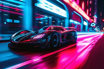 Futuristic Sports Car Speeding Through Neon City Streets