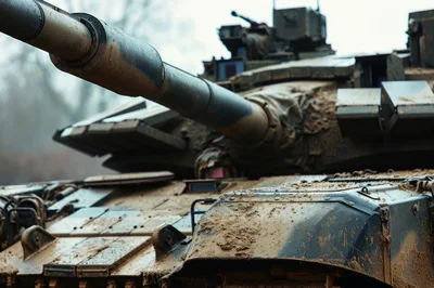 Close Up Of A Muddy Military Tank Cannon