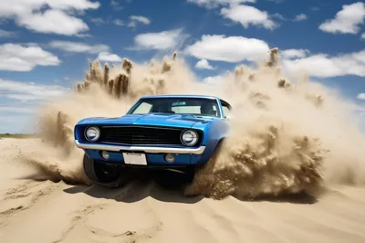 Blue Classic Muscle Car Drifting Through Desert Sand