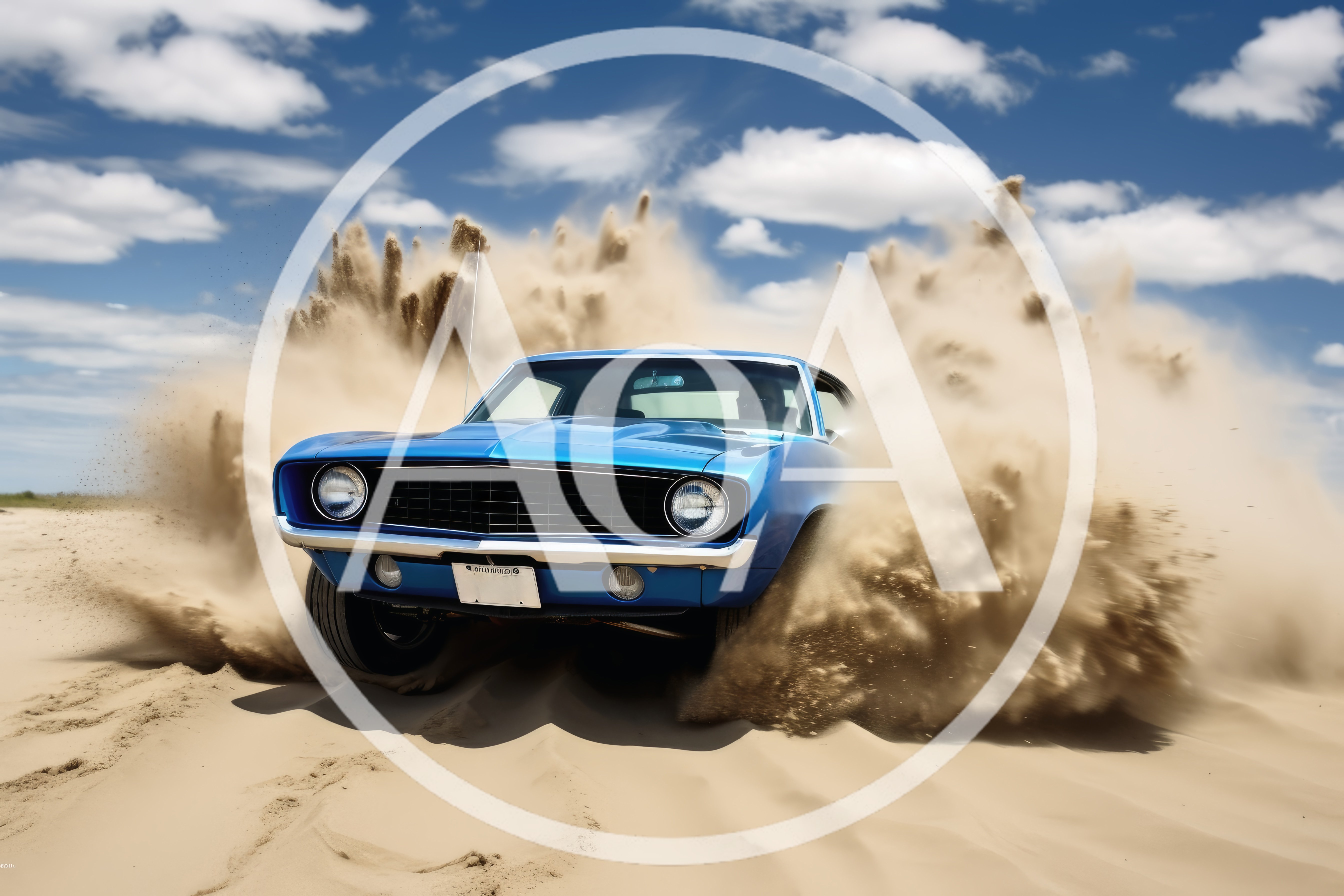 Blue Classic Muscle Car Drifting Through Desert Sand